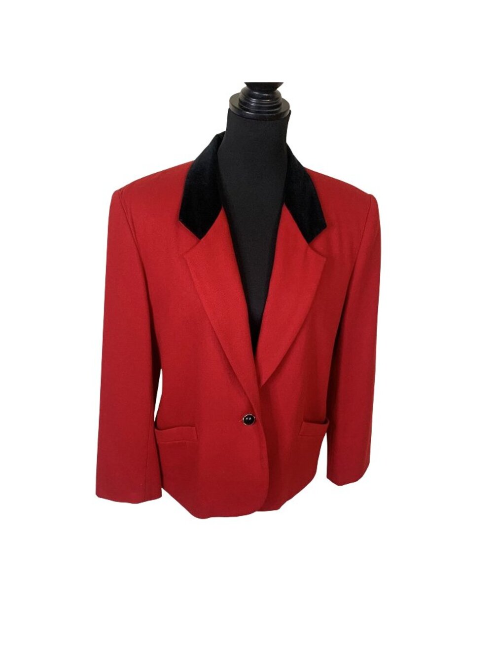 Vtg Womens Red Wool Blazer Black Velvet Collar 22W Single Button Koret 80s